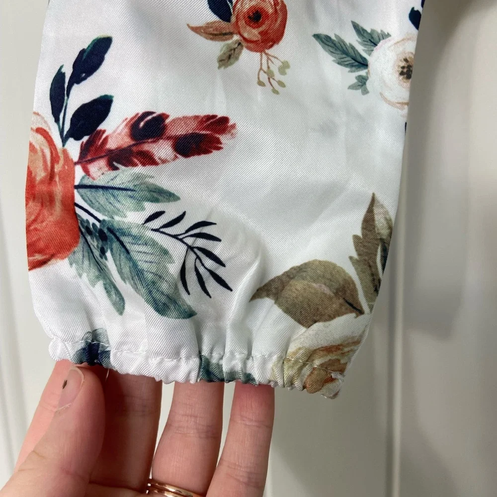 NWOT baby girl’s white floral green ribbon elastic pull on silk pants bottoms‎